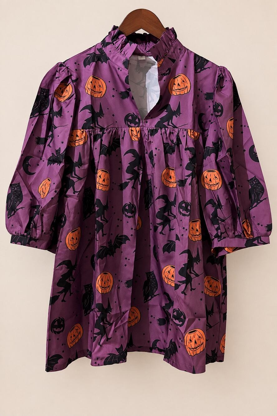Women’s XL Purple Halloween Dress Witch Pumpkin Bat Babydoll Tunic Top